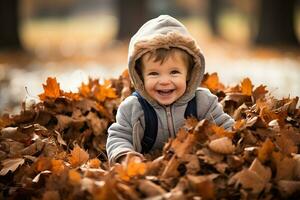 ein Baby spielen im ein Stapel von Blätter foto