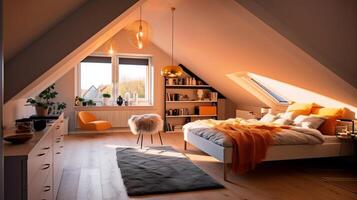 Dachboden Zimmer von ein schön hell modern Stil Haus. ai generiert. foto