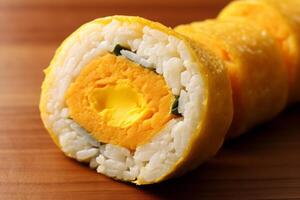 Nahansicht oben Aussicht von Zutaten Tamago Nigiri, japanisch Lebensmittel. ai generiert. foto