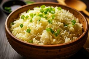Nahansicht oben Aussicht von Zutaten Knoblauch gebraten Reis, japanisch Lebensmittel. ai generiert. foto