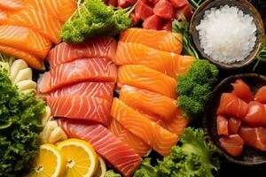 Nahansicht oben Aussicht von Zutaten Sashimi Satz, Lachs, Thunfisch, japanisch Lebensmittel. ai generiert. foto