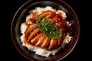 Nahansicht oben Aussicht von Zutaten Fleisch gegrillt, Schweinefleisch, Hähnchen und Reis, japanisch Lebensmittel. ai generiert. foto