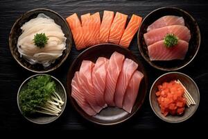 Nahansicht oben Aussicht von Zutaten Sashimi Satz, Lachs, Thunfisch, japanisch Lebensmittel. ai generiert. foto