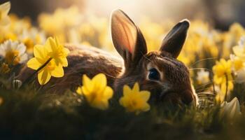 flauschige Baby Hase sitzt im Grün Wiese generiert durch ai foto