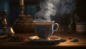 rustikal Kaffee Becher auf hölzern Tabelle Dämpfe generiert durch ai foto