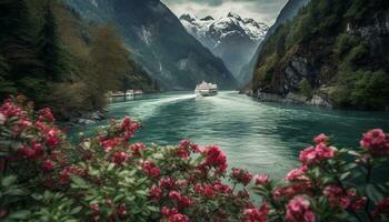 Abenteuer auf still Berg Gipfel, nautisch Schiff Transport generiert durch ai foto