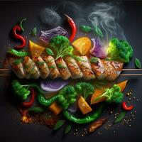 Hähnchen Schaschlik Kebab oder Spieße Kebab auf hölzern Planke, Gewürze, Kräuter und Gemüse auf dunkel Hintergrund. ai generativ foto