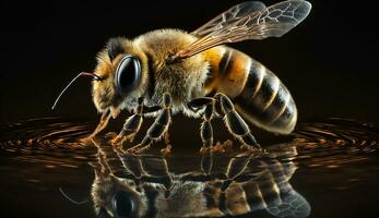 Honig Biene auf dunkel Hintergrund, schließen oben Makro. ai generativ foto