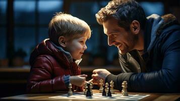 Papa und Kind spielen Schach foto