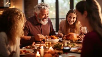 glücklich Familie beim das Erntedankfest Abendessen foto