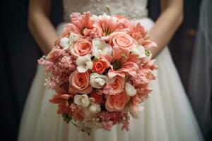 ein schön Braut halten ihr Rosa und Weiß Hochzeit Strauß foto