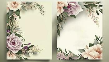 ein Blumen- Rahmen mit Blumen auf Es, Blühen Liebe schön Blumen- Hochzeit Einladung Banner, generativ ai foto
