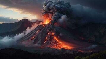 Vulkan Eruption mit fest hoch platzt von Lava und heiß Wolken hochfliegend hoch in das Himmel, pyroklastisch fließen foto