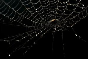 Spinne Netz isoliert auf schwarz Hintergrund, feucht Spinnweben, ai generiert foto