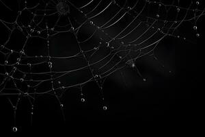 Spinnennetz isoliert auf schwarz Hintergrund, dekorativ feucht Spinne Netz, ai generiert foto