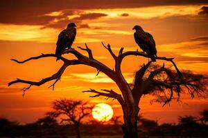 Silhouetten von Geier Sitzung auf ein Baum während Sonnenuntergang, ein fesselnd Bild von ein majestätisch afrikanisch Adler thront auf ein Baum Zweig, es ist Gefieder wogend im das Wind, ai generiert foto