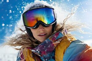 schön jung Frau Snowboarder Porträt im das Berge. Winter Urlaub, Frau Snowboarden im das Schnee, präsentieren ihr Beweglichkeit, Gleichgewicht, und Vertrauen, ai generiert foto