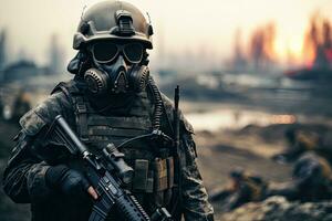 Porträt von ein Besondere Kräfte Soldat im ein Gas Maske auf das Schlachtfeld, ein getrieben oben Heer Soldat steht und sieht aus beim das Kriegsfeld, ai generiert foto