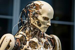 Wissenschaft und Technologie Ausstellung im Mailand. ein Humanoid Roboter Das können Kurve und Bewegung mögen ein menschlich, mit es ist Waffen und Beine in Verbindung gebracht durch lang, glatt Drähte, ai generiert foto