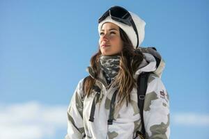 Porträt von ein jung Frau Skifahrer auf das Hintergrund von Blau Himmel, ein offen Bild von ein zuversichtlich Frau Snowboarden im das Berge, ai generiert foto
