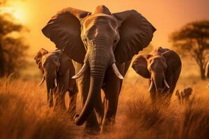 Elefanten im chobe National Park, Botswana, Afrika, ein Herde von Elefanten Gehen über ein trocken Gras Feld beim Sonnenuntergang mit das Sonne im das Hintergrund, ai generiert foto