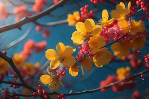 Kirsche blühen Sakura Blume auf Blau Himmel Hintergrund, ai generativ foto