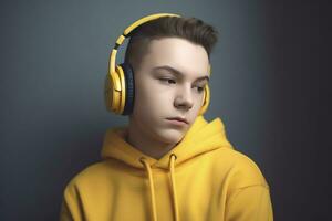 einsam jung Junge Hör mal zu Musik- mit Kopfhörer ,generativ ai foto