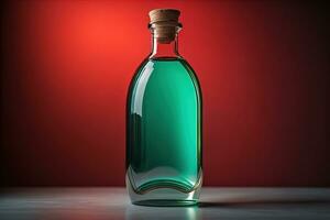 Flasche mit ein Flüssigkeit auf ein solide Farbe Hintergrund. ai generativ foto