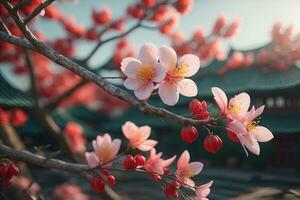 Kirsche blühen Sakura Blume auf Blau Himmel Hintergrund, ai generativ foto