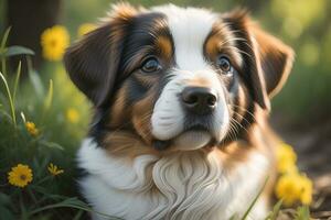 Porträt von ein süß Hund auf ein bunt Hintergrund. Studio Schuss. ai generativ foto