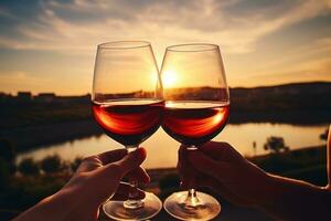 Frau erhöht ihr Wein Glas zu ein Paar von freunde foto