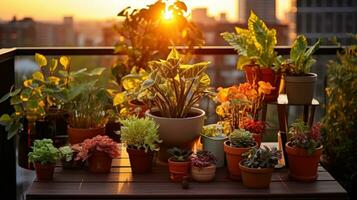 Terrasse mit eingetopft Pflanzen und Blumen foto