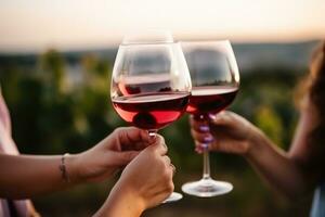 Frau erhöht ihr Wein Glas zu ein Paar von freunde foto