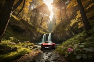 ein rot Sport Auto mit ein Wasserfall im das Wald. generativ ai foto