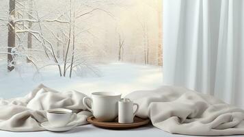 heiß Kaffee Becher mit Plaid beim Glas Fenster im warm und gemütlich Zuhause mit schön Landschaft Szene von Schnee fallen außen. erstellt mit generativ al Technologie foto