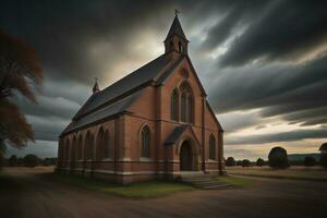 Kirche im das Landschaft mit ein dramatisch wolkig Himmel, generativ ai foto