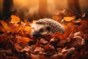 ai generiert Süss wenig Igel zusammengerollt oben im ein Bett von Herbst Blätter, mit ein neblig Wald im das Hintergrund und ein weich. foto