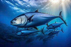 Thunfisch im das Blau Meer. unter Wasser Welt. 3d Wiedergabe, ein groß Schule von Thunfisch im ein tief Blau Ozean, Philippinen, ai generiert foto