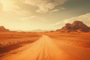 Wüste Straße im das Sahara Wüste, Ägypten. Jahrgang Stil. Abenteuer Wüste Straße erkunden Stimmung, ai generiert foto