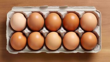 ai generiert oben Aussicht von roh braun Hähnchen Eier im Ei Karton Kasten. foto