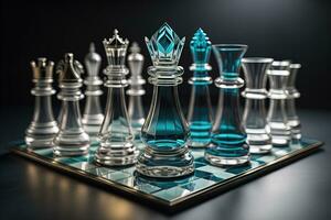 Glas Schach Stücke auf ein dunkel Hintergrund, das Konzept von Geschäft Strategie. ai generativ foto