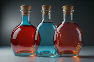 ein Reihe von Glas Flaschen mit farbig flüssig. ai generativ foto