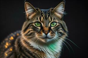 Porträt von ein schön Maine Waschbär Katze auf ein dunkel Hintergrund. ai generativ foto
