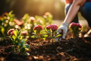 ein Frau Pflanzen Blumen im ein Garten symbolisieren Wachstum und Erneuerung nach ihr Brust Krebs Behandlung leeren Raum zum Text foto