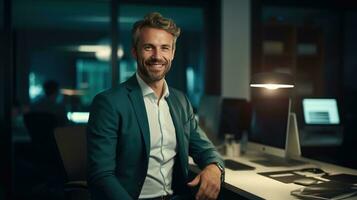 modern Büro Porträt von ein lächelnd Geschäftsmann funktioniert auf Computer erstellt mit generativ al Technologie foto