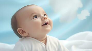 glücklich lächelnd Baby Lügen auf das Bett erstellt mit generativ al Technologie. foto