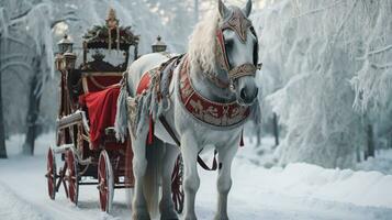 ein Pferd ziehen ein Schlitten. ein von Pferden gezogen Schlitten Reiten durch Winter Landschaft. erstellt mit generativ al Technologie foto