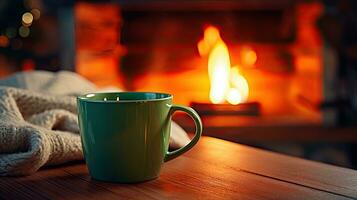 Becher mit heiß Tee Stehen auf ein Tabelle mit Wolle Decke im ein gemütlich Leben Zimmer mit Kamin. gemütlich Winter Tag. erstellt mit generativ al Technologie foto