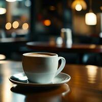 schließen oben von Kaffee Tasse auf Tabelle im Kaffee Geschäft verschwommen Hintergrund, ai generativ foto