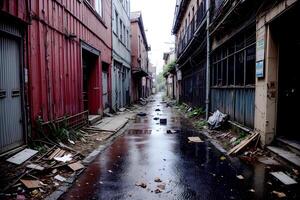 realistisch Foto von verlassen Gasse mit Trümmer Müll auf das Straße, ai generativ